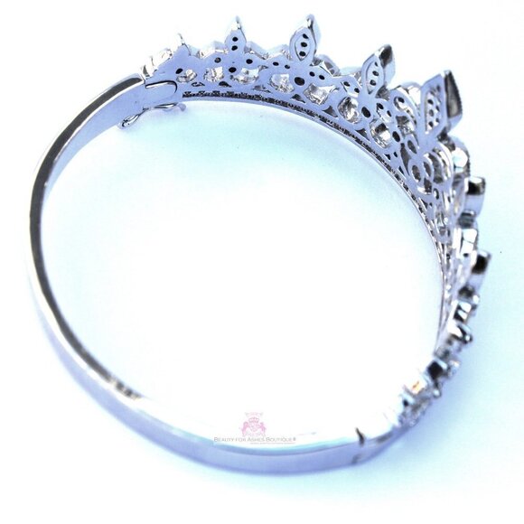 Clear Pave Cubic Zirconia Fleur-de-Lis Princess Crown Hinged Cuff Bracelet 7.5" - Picture 10 of 12